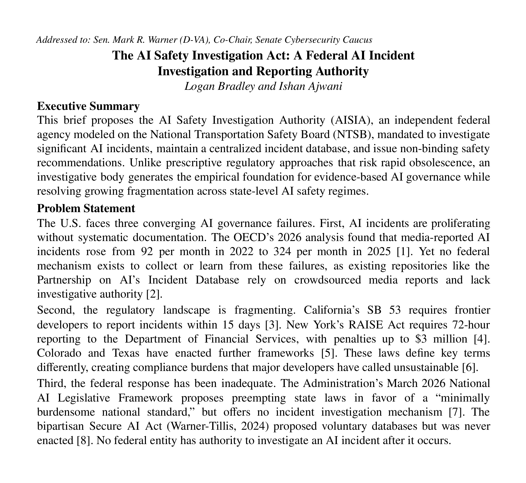 The first page of the brief: the title, The AI Safety Investigation Act: A Federal AI Incident Investigation and Reporting Authority, the authors Logan Bradley and Ishan Ajwani, and the Executive Summary.