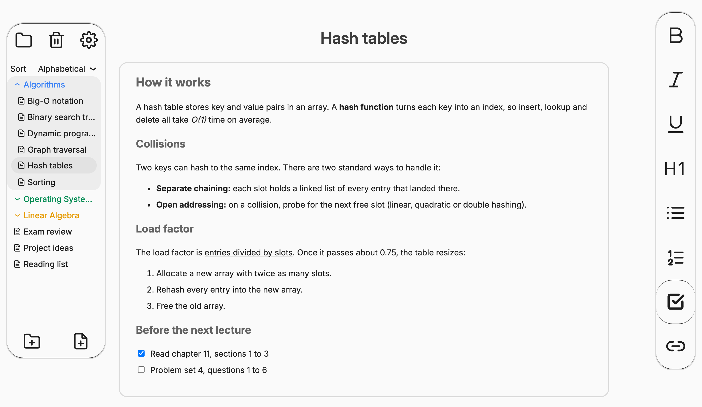 The Inkwell window: folders and notes on the left, a note about hash tables open in the middle, and formatting buttons for bold, italic, underline, headings, lists, checklists and links on the right.