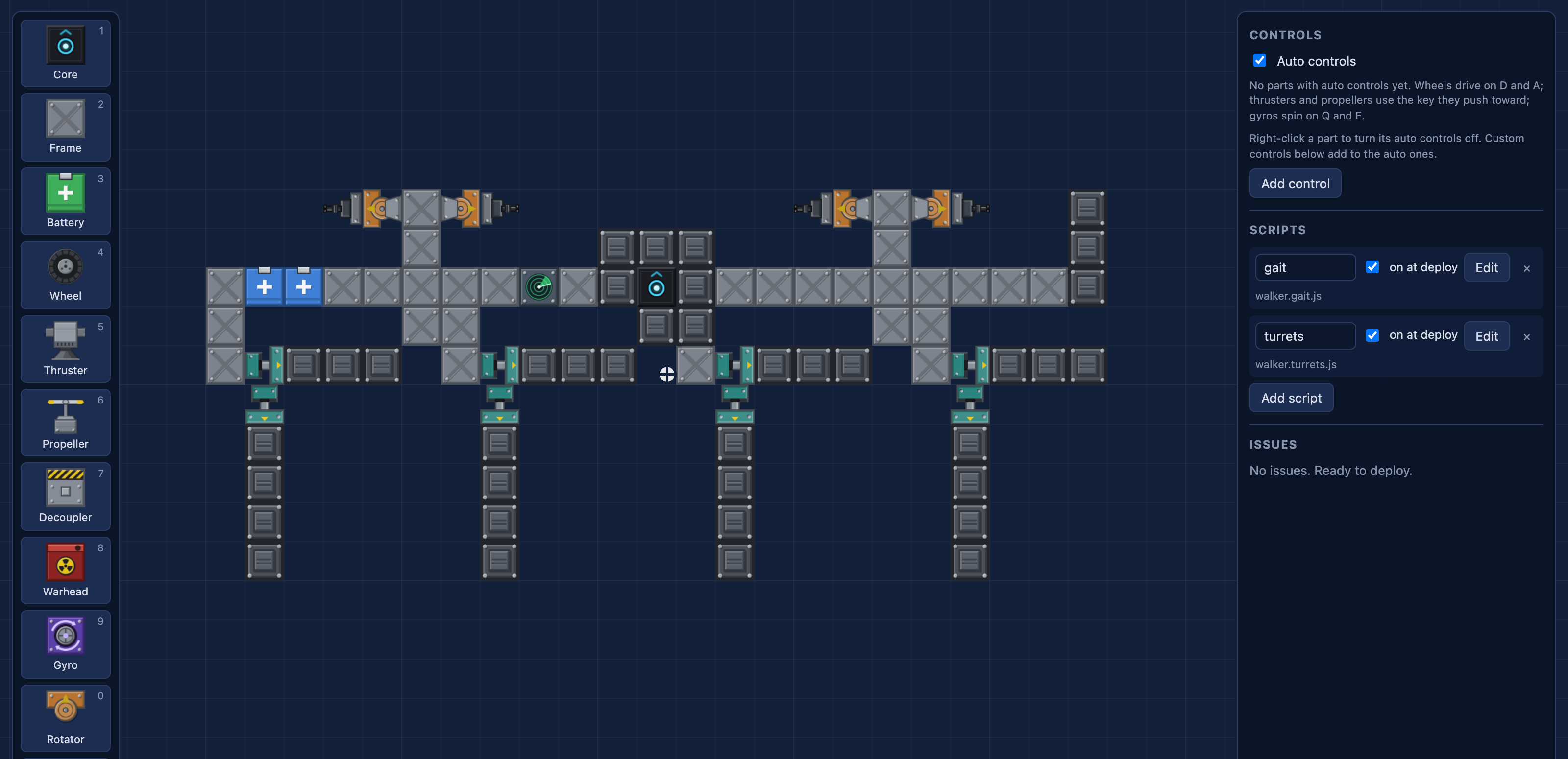 The robot builder: a grid holding a walker with four piston legs and four gun turrets, with a parts list on the left and controls and scripts on the right.