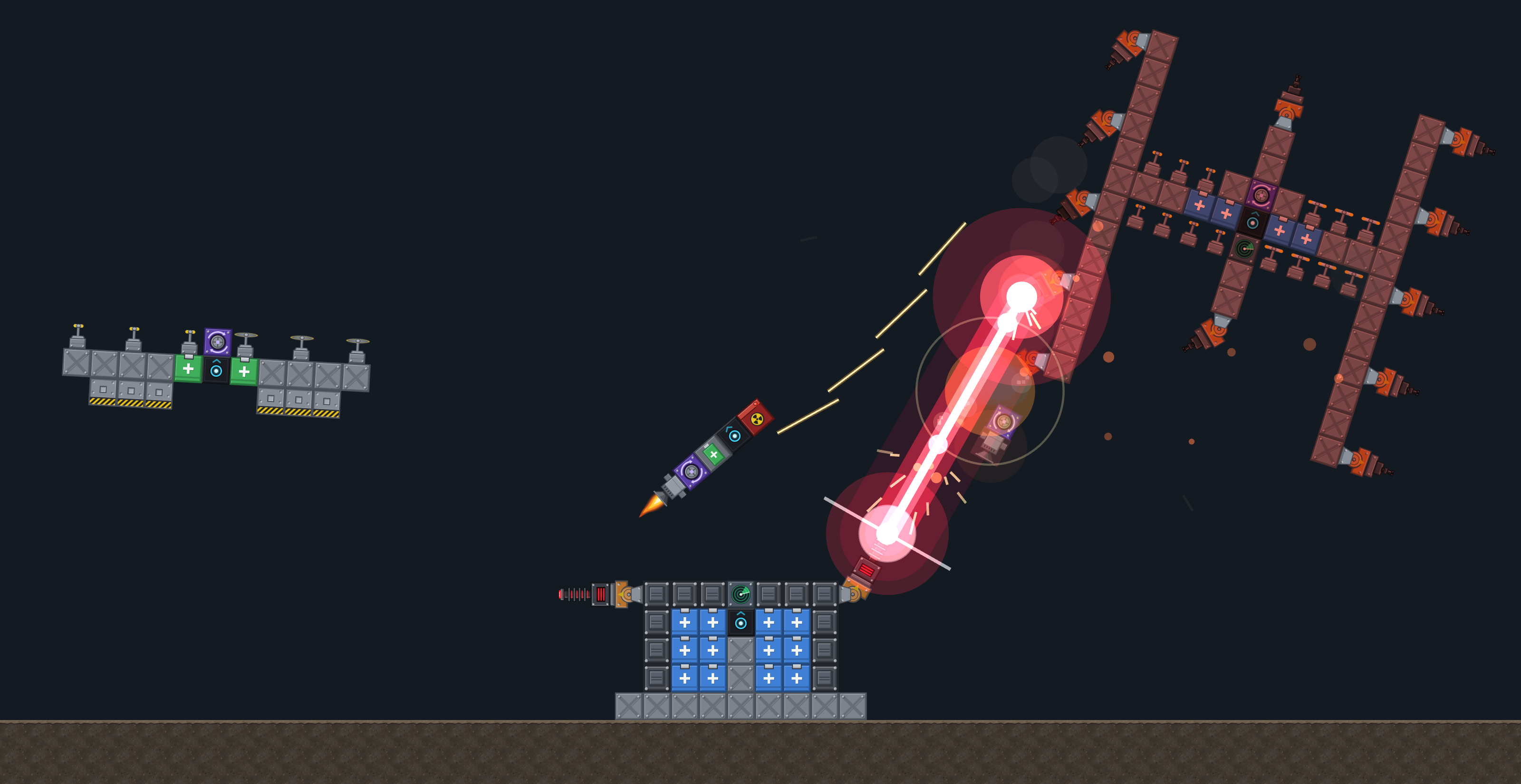 A wide dark scene over flat ground: a missile drone at the left, its missile in flight, a line of gun tracers running from a larger gun drone at the upper right down to the missile, and a laser tower on the ground firing a beam at the gun drone.